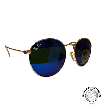 Ray-Ban RB3447 Round Metal Sunglasses – Gold Frame / Dark Blue Lenses