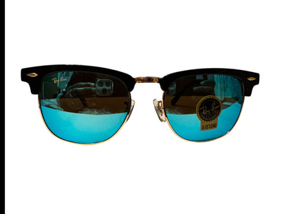 Ray-Ban RB3016 Clubmaster Sunglasses Black/Gold Frame Blue Mirror Lenses Unisex