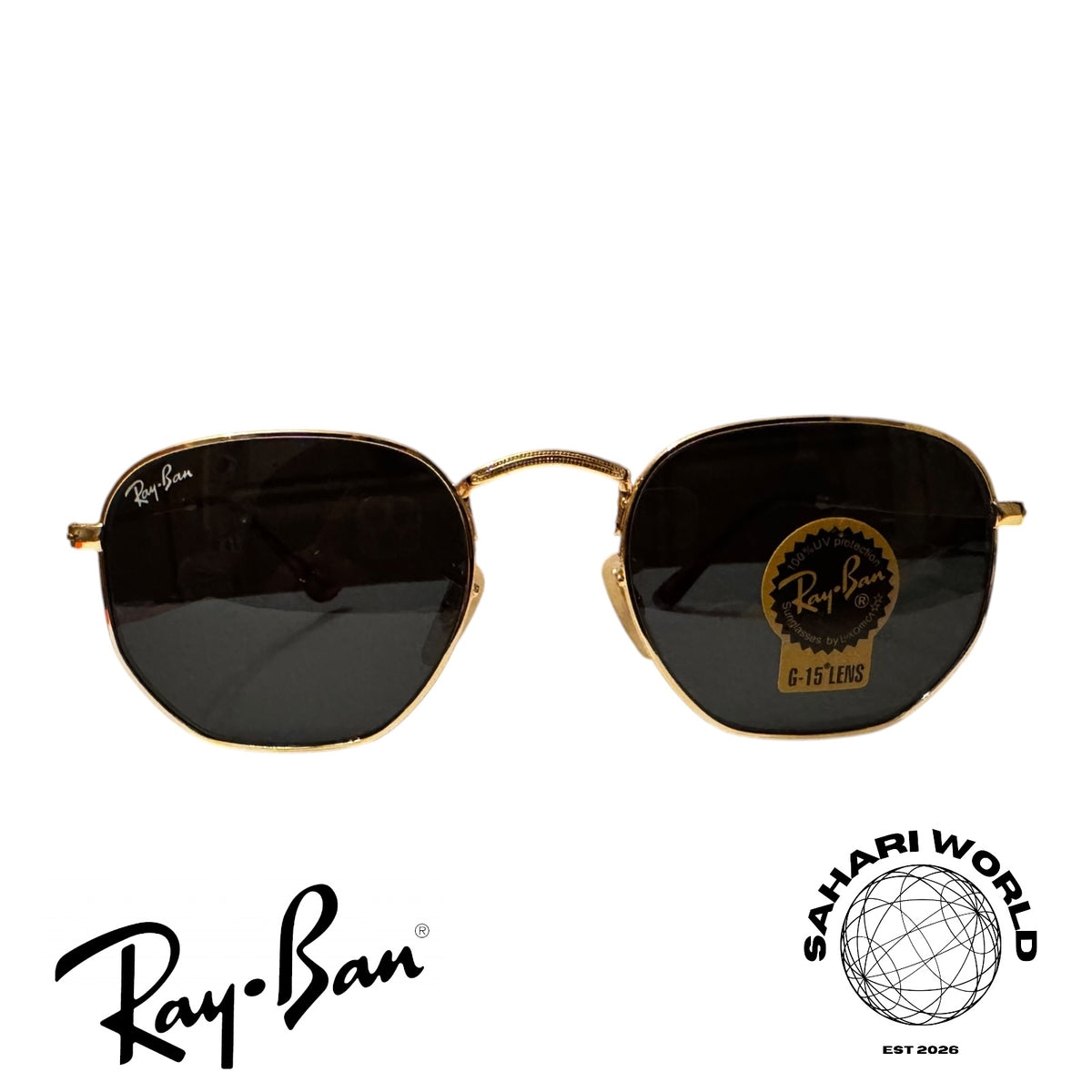Ray Ban RB3548 Hexagonal Sunglasses Gold Frame Black Lenses Unisex Iconic Style