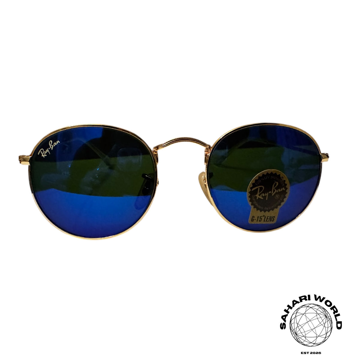 Ray-Ban RB3447 Round Metal Sunglasses – Gold Frame / Dark Blue Lenses
