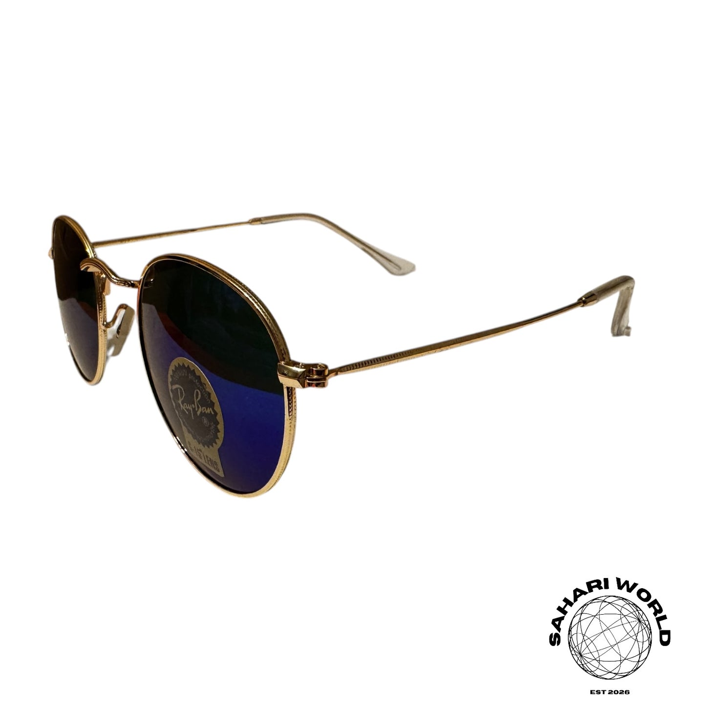 Ray-Ban RB3447 Round Metal Sunglasses – Gold Frame / Dark Blue Lenses