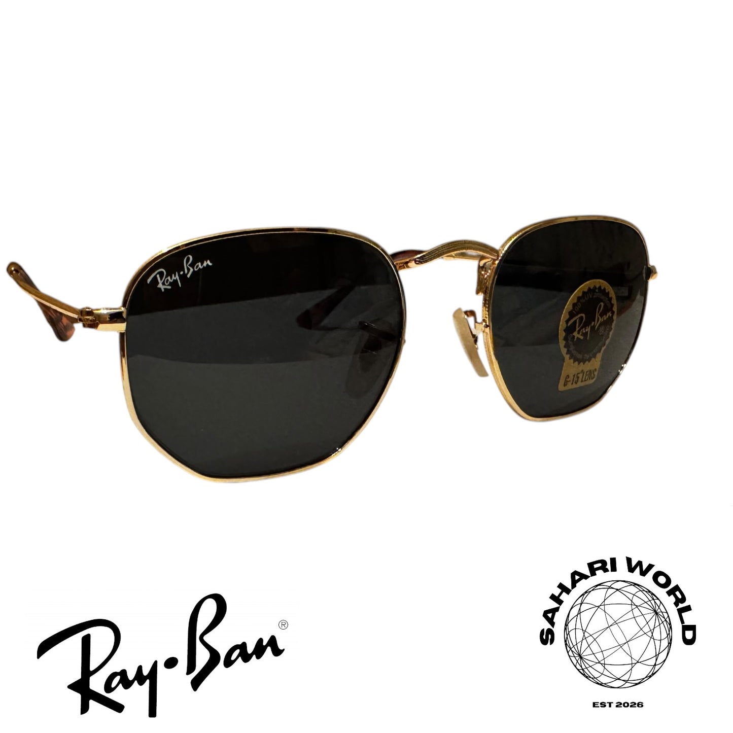 Ray Ban RB3548 Hexagonal Sunglasses Gold Frame Black Lenses Unisex Iconic Style