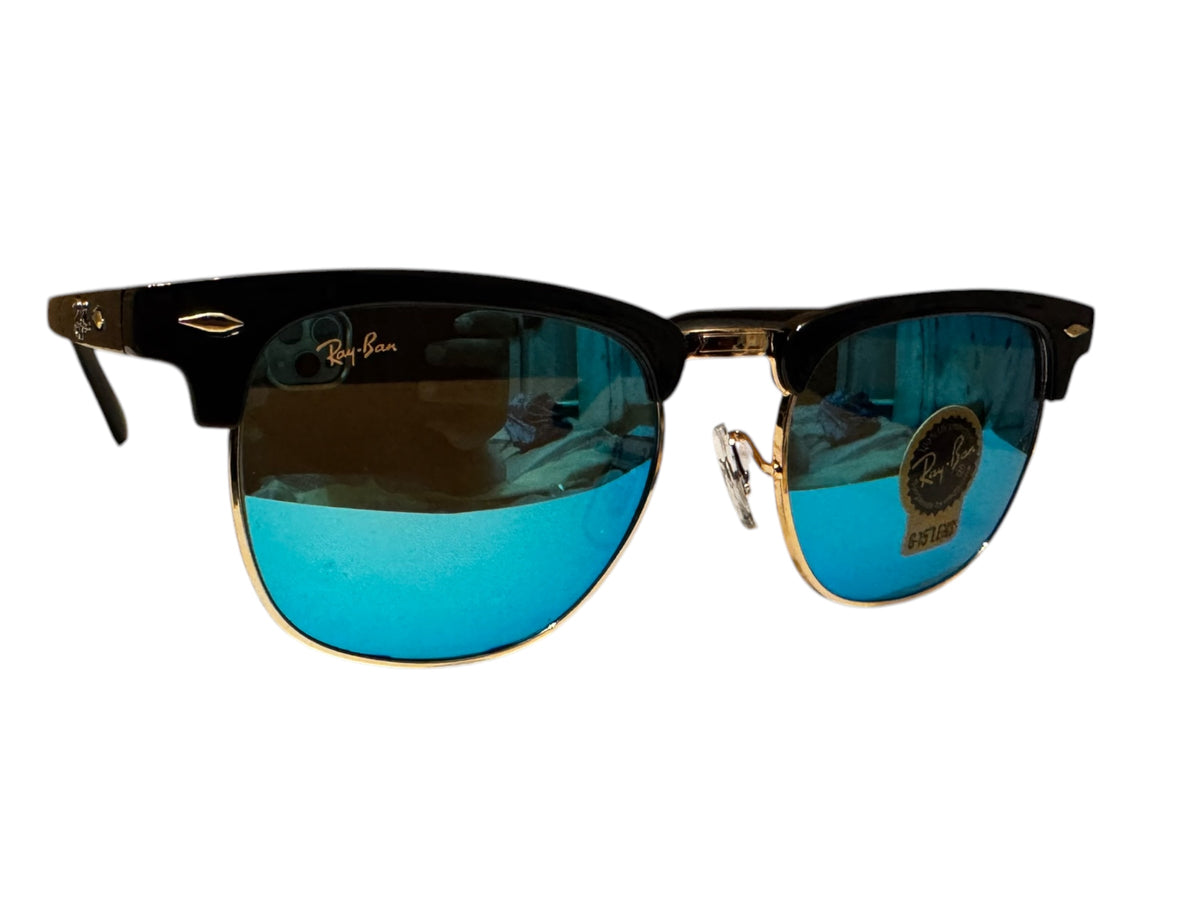 Ray-Ban RB3016 Clubmaster Sunglasses Black/Gold Frame Blue Mirror Lenses Unisex