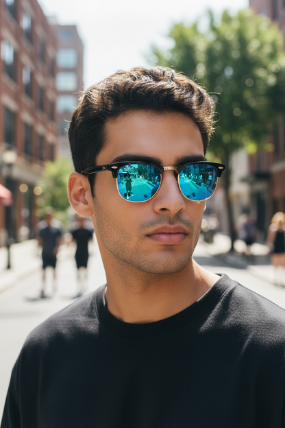 Ray-Ban RB3016 Clubmaster Sunglasses Black/Gold Frame Blue Mirror Lenses Unisex