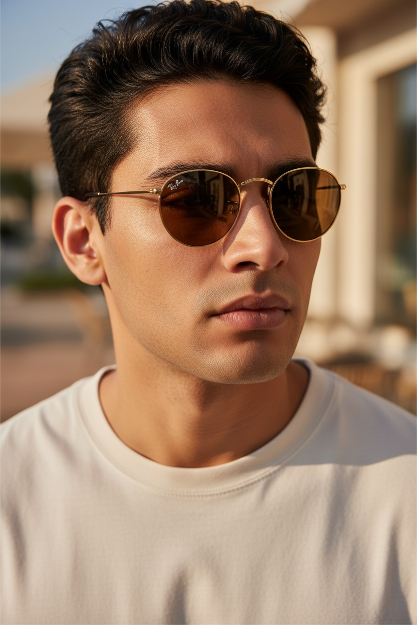 Ray-Ban RB3447 Round Metal Sunglasses – Gold Frame / Dark Brown Lenses